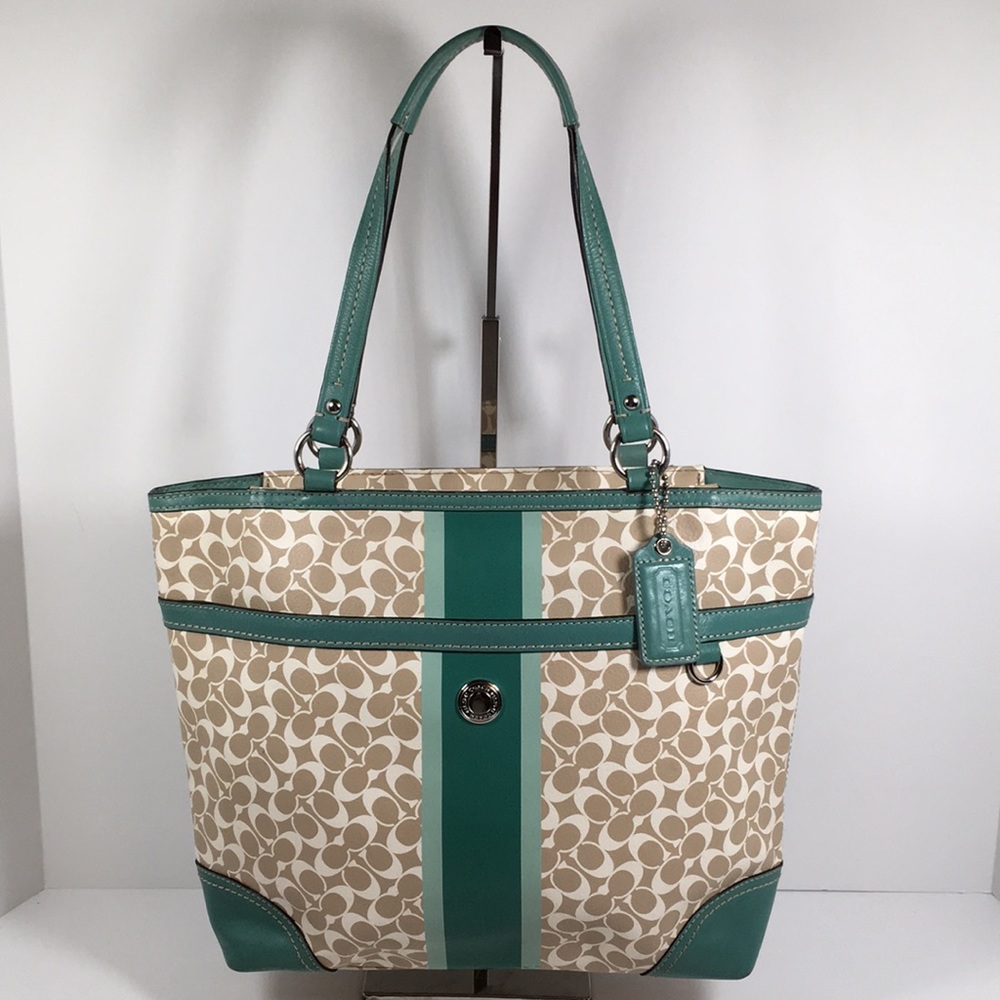 Coach Chelsea Coated Canvas Signature C Green Leather Large Tote Bag F15137